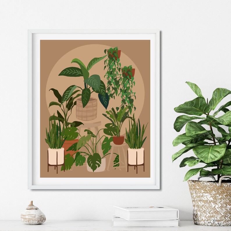 May include: A digital illustration of a collection of potted plants in various sizes and shapes, with a brown background. The plants are in a variety of green shades and are arranged in a casual, organic way.