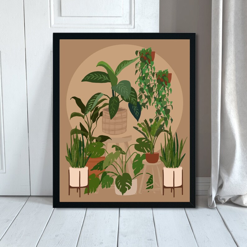 May include: A digital illustration of a collection of potted plants in various sizes and styles. The plants are arranged in a circular pattern on a light brown background. The plants are all green and have different leaf shapes and textures. The pots are a mix of brown, white, and terracotta.