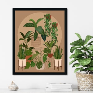 May include: A framed print of a botanical illustration featuring a variety of potted plants in a light brown room. The plants are arranged in a cluster, with some hanging from the ceiling. The print is framed in black.