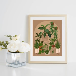 May include: A digital illustration of a collection of potted plants in a variety of shapes and sizes. The plants are arranged in a group on a light brown background. The plants are all green and have different types of leaves. The pots are all different colours and styles.
