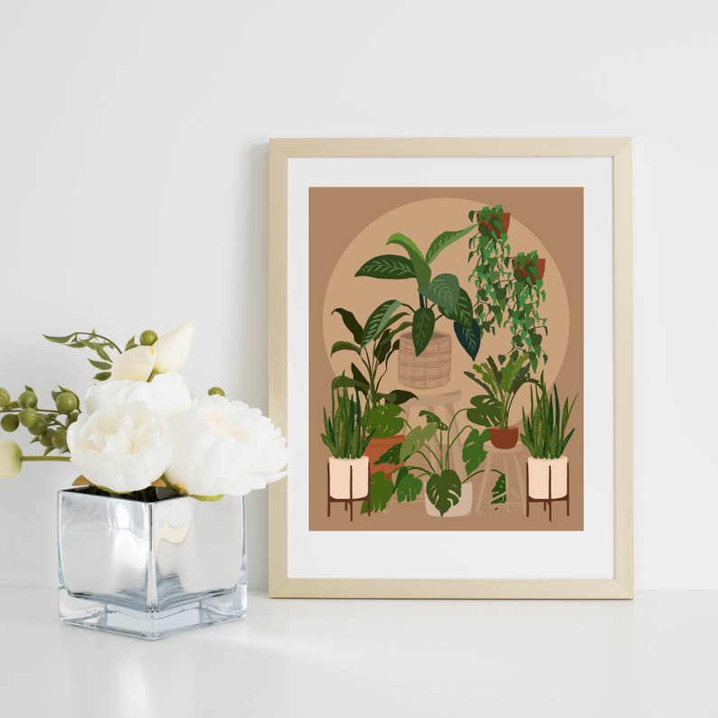 May include: A digital illustration of a collection of potted plants in a variety of shapes and sizes. The plants are arranged in a group on a light brown background. The plants are all green and have different types of leaves. The pots are all different colours and styles.