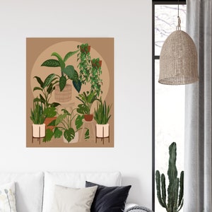 May include: A digital illustration of a collection of potted plants in various sizes and shapes, with a brown background and a circle in the centre. The plants are in terracotta pots and a woven basket, and some are on wooden stands.