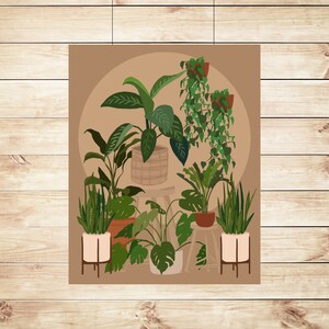 May include: A collection of potted plants in various sizes and shapes, including a large leafy plant, a hanging plant, and a snake plant. The plants are arranged on a light brown background with a light brown wooden floor.