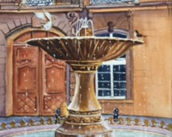 Fountain of Aix an Provence, Original watercolor painting, "Meeting Place", France