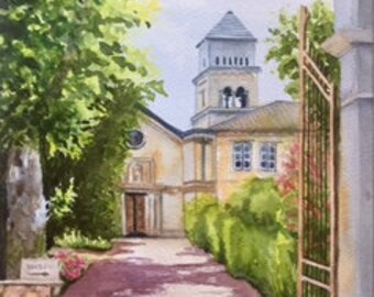 Open gate to garden Original watercolor painting, Garden of old monastery, Van Gogh's place in Saint Remy, Provence, South of France