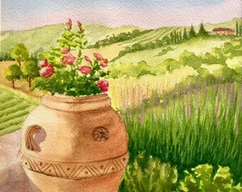 Pot of roses, Original watercolor painting, Ancient Pot with flowers, Tuscany Italian ancient pot of roses