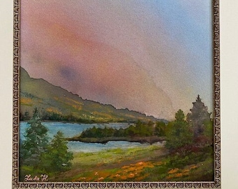 Coastal landscape, Sunset original watercolor painting