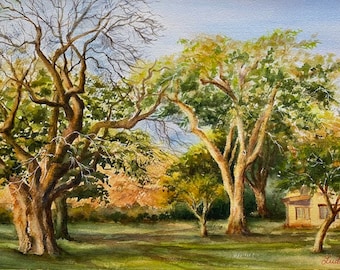 Golden colors of landscape original watercolor painting