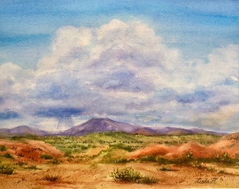 Southwest Art, Blue sky, Red Hills, Pedernal, New Mexican Landscape Original Watercolor painting