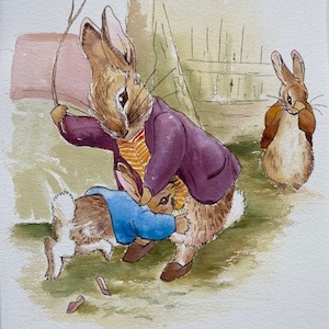 Historia de Peter Rabbit, pequeña pintura original en acuarela y tinta