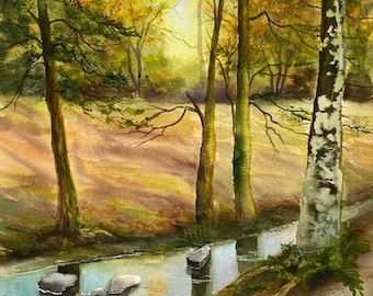 In the forest landscape original watercolor painting