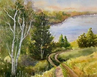 Country road original watercolor painting