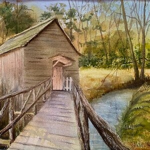 Framed Old barn mill old good days original panoramic watercolor painting.