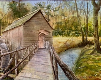 Framed Old barn mill old good days original panoramic watercolor painting.