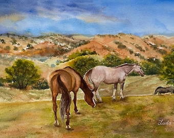 Horses, Southwestern landscape original watercolor painting
