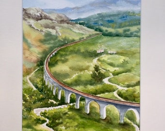 Scotland's Highland Landscape Train Road Original watercolor painting