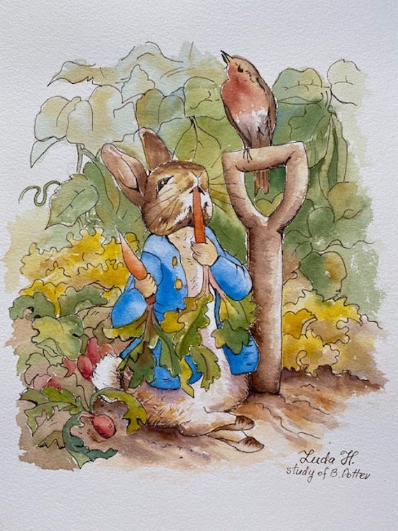 Peter Rabbit Story Original Drawing in Ink and Watercolor Painting 