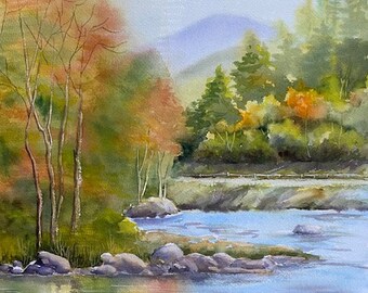 National Park landscape in Appalachian Mountains, original watercolor painting