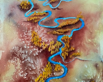 Flying over river valley original small watercolor painting