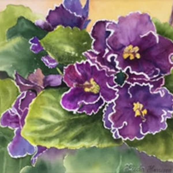 Small original watercolor floral painting, Kathys Flowers, purple flowers Gloxinia
