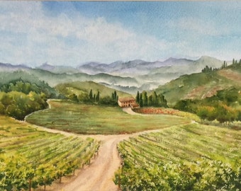Terrabianca Winery Tuscany Italy, Original watercolor painting, Vineyards of Tuscany