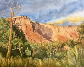 Sunset at Ghost Ranch New Mexico, original watercolor painting, Mesa, Southwestern Art, Abiquiu New Mexico Landscape