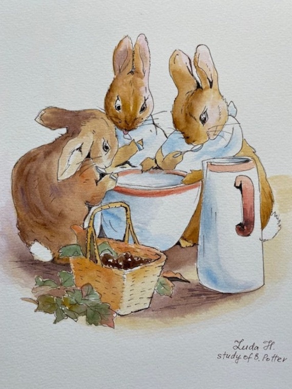 Peter Rabbit Story Original Drawing in Ink and Watercolor Painting 