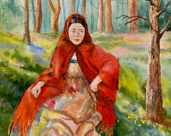 Girl with red shawl original watercolor painting