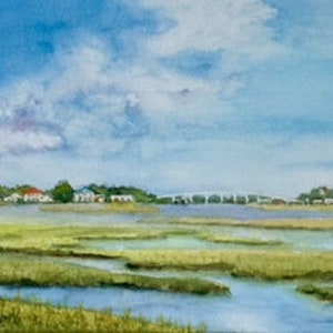 Paludi, Paesaggio costiero, Amelia Island, Acqua, Dipinto ad acquerello originale, Ponte Vedra Florida