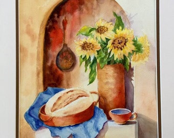 Sunflowers, Bread and Kitchen, still life original watercolor painting