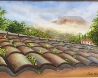 Roofs of Provence, Foggy morning over roofs of Provence Original watercolor painting,  Fontaine de Vaucluse, Luberon, France