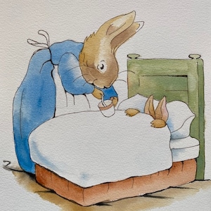 Historia del conejo Peter dibujo y pintura originales en acuarela y tinta, estudio de Beatrix Potter