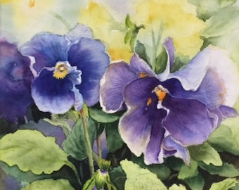 Floral original watercolor painting Pansies