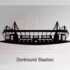 Puede incluir: Silueta en blanco y negro de un estadio con el texto "Dortmund Stadion" debajo.