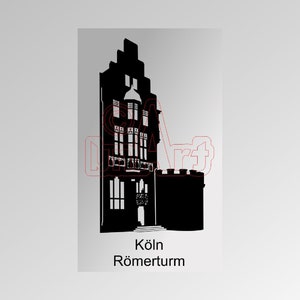 May include: A black and white illustration of the Römerturm in Cologne, Germany. The image features the building's silhouette with detailed windows and architectural elements. The text "Köln Römerturm" is at the bottom.