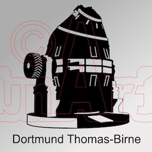Könnte beinhalten: Schwarz-weiße Silhouette einer großen Industrieanlage mit einem runden Dach und einem Rad an der Seite. Der Text "Dortmund Thomas-Birne" befindet sich unterhalb der Anlage.