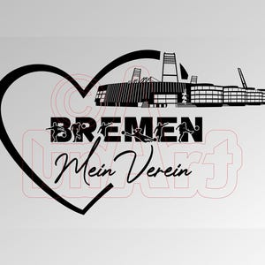 Puede incluir: Diseño gráfico en blanco y negro con un corazón con las palabras "BREMEN Mein Verein" y una silueta de un estadio.