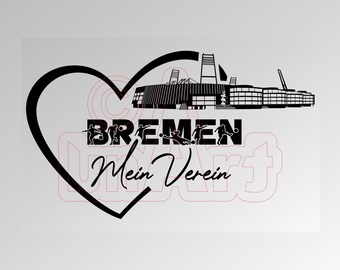 Può includere: Grafica in bianco e nero con un cuore con le parole "BREMEN Mein Verein" e una silhouette di uno stadio.