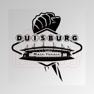 May include: A black and white graphic featuring a stadium design with the word "DUISBURG" above and "Mein Verein" below. A clenched fist is positioned above the word "DUISBURG".