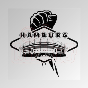 May include: Black and white illustration of a fist holding a stadium with the word "HAMBURG" in a circle around it. The stadium has the words "Mein Verein" on the front.