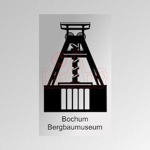 May include: Black and white silhouette of a mining headframe, a tall structure with a large wheel at the top. The text "Bochum Bergbaumuseum" is below the image.