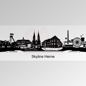 Puede incluir: Silueta en blanco y negro del horizonte de Herne, con una iglesia, un pozo de mina, una noria y otros edificios. El texto "Skyline Herne" está debajo de la imagen.