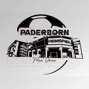 以下が含まれることがあります： 「Paderborn」の文字と「Heimspiel」の文字が建物に書かれたスタジアムの白黒グラフィック。サッカーボールがPaderbornの文字の上にあります。「Mein Verein」の文字がスタジアムの下にあります。
