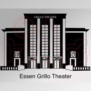 May include: Black and white architectural illustration of the Grillo-Theater in Essen, Germany. The building features a rectangular design with the text "GRILLO-THEATER" at the top and "Essen Grillo Theater" at the bottom.