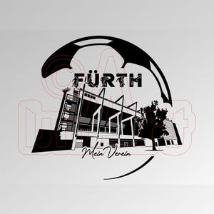May include: Black and white graphic of a stadium with the word "FÜRTH" above it. The text "Mein Verein" is below the stadium. A stylized soccer ball shape arches over the text and stadium.