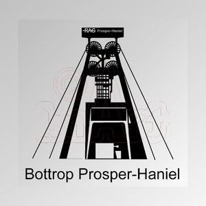 Puede incluir: Silueta en blanco y negro de un castillete de mina con el texto "RAG Prosper-Haniel" y "Bottrop Prosper-Haniel" debajo. El castillete es una estructura alta con una gran rueda en la parte superior y una rueda más pequeña en la parte inferior. El castillete se utiliza para elevar el carbón de la mina.