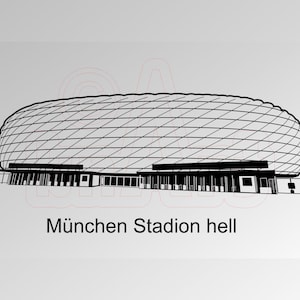 Könnte beinhalten: Eine Schwarzweiß-Zeichnung der Allianz Arena, einem Fußballstadion in München, Deutschland. Der Text "München Stadion hell" befindet sich unter dem Bild.