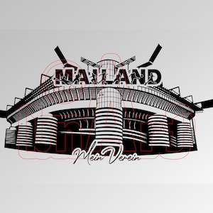 Könnte beinhalten: Schwarz-weiß-Illustration eines Stadions mit dem Wort "MAILAND" darüber und dem Text "Mein Verein" darunter.