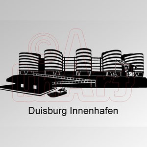 Könnte beinhalten: Schwarz-Weiß-Illustration des Duisburger Innenhafens mit stilisierten Gebäuden mit horizontalen Streifen, einem Kran und einem Boot. Der Text "Duisburg Innenhafen" befindet sich unten.
