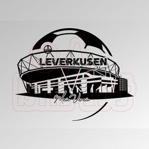 Könnte beinhalten: Schwarz-weiße Silhouette eines Stadions mit dem Text "LEVERKUSEN" und "Mein Verein". Das Stadion ist in Form eines Fußballs.